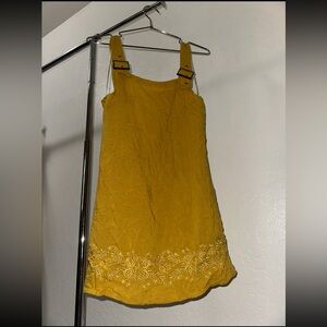 Mustard Yellow Embroidered Mini Dress with Buckle Straps